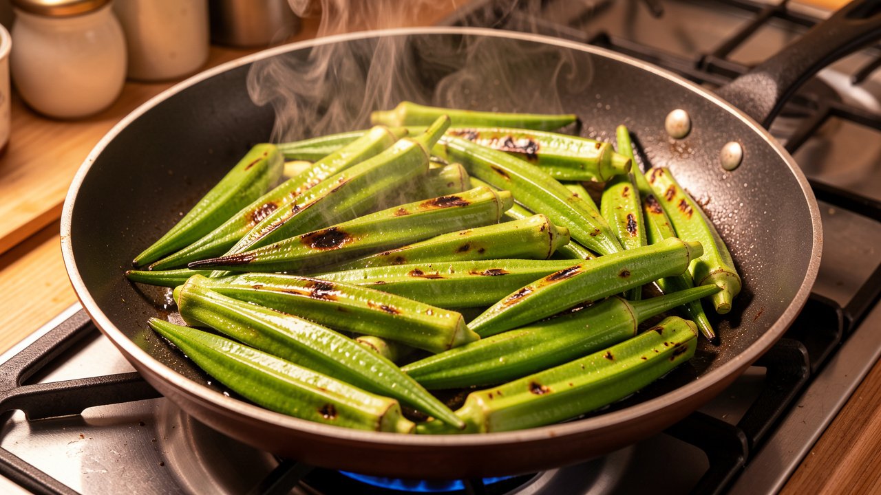 Whole green okra pods searing and blistering in a wide skillet