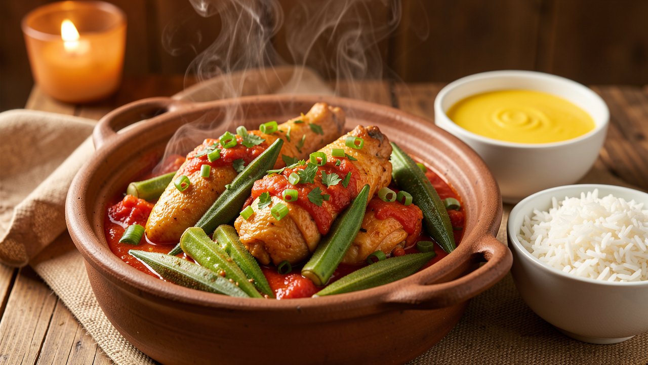 Finished frango com quiabo with chicken, okra, and tomato sauce, served with rice and angu