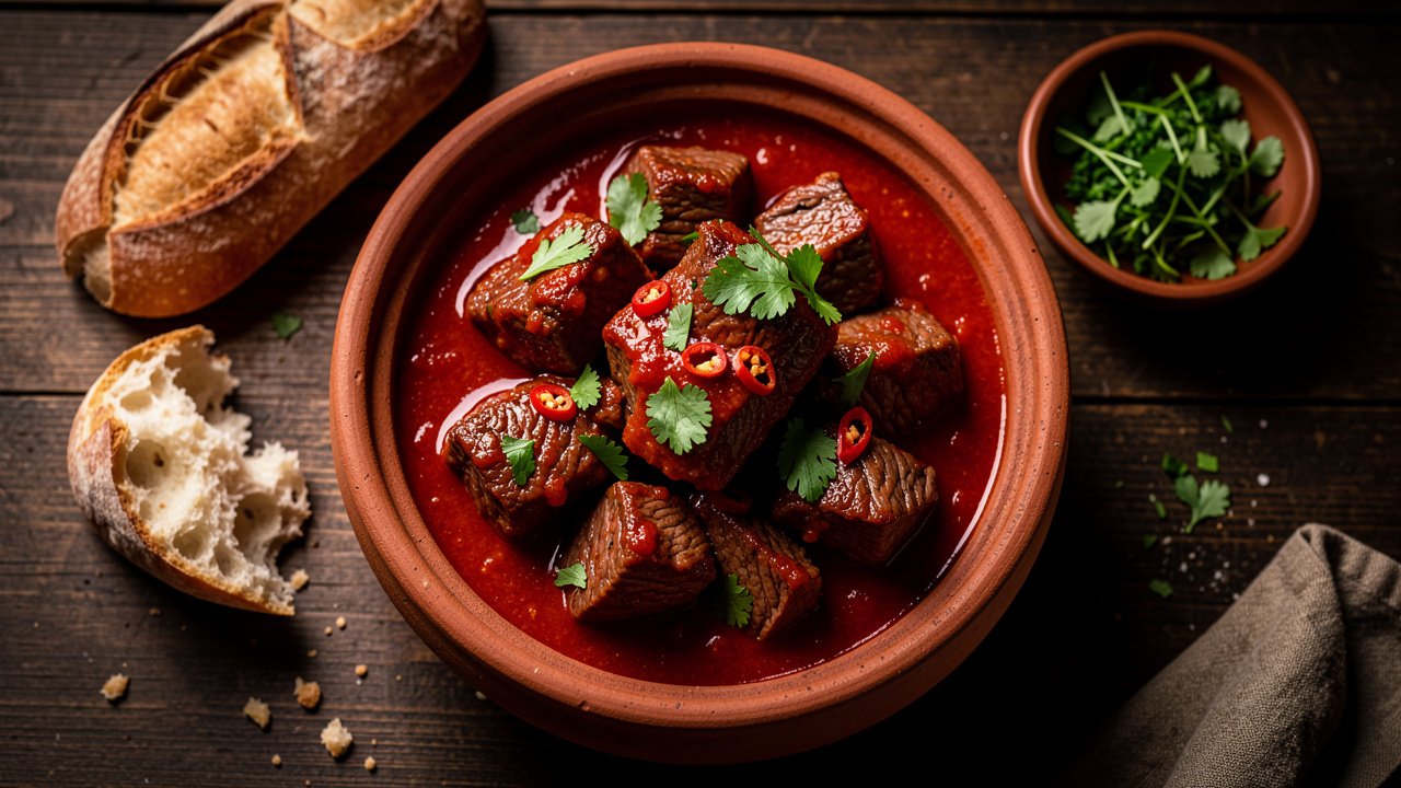 A bowl of Georgian ostri, spicy beef stew in a garlicky tomato sauce with cilantro and chili, served with bread