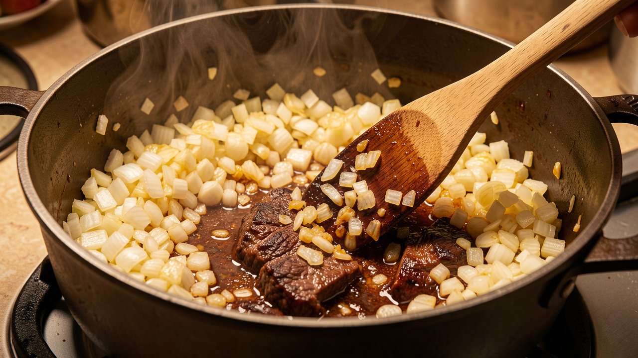 Chopped onions softening and turning golden in a heavy pot