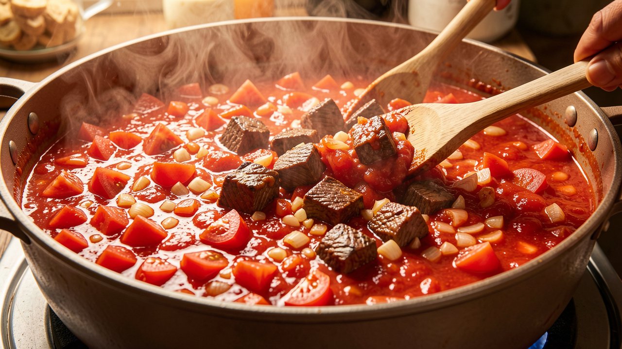 Tomatoes and paste cooking into a thick red sauce with beef in a heavy pot