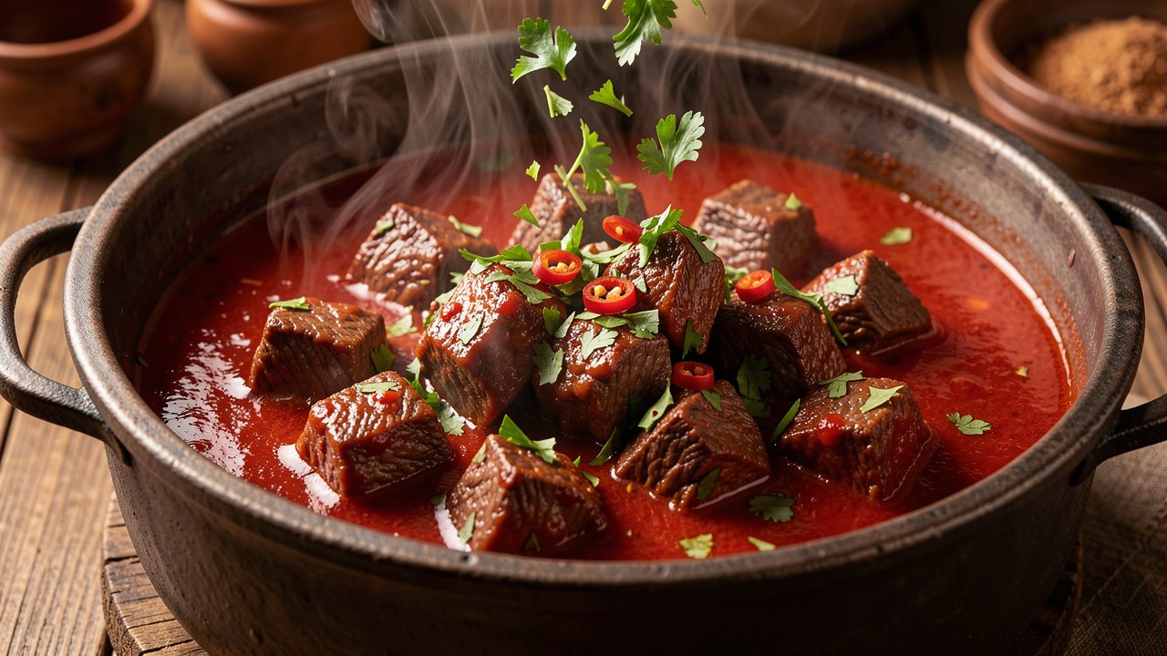Finished Georgian ostri in a pot garnished with fresh cilantro and chili
