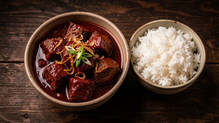 A bowl of Indonesian semur, tender beef in a dark glossy sweet tomato and kecap manis sauce, served with steamed rice