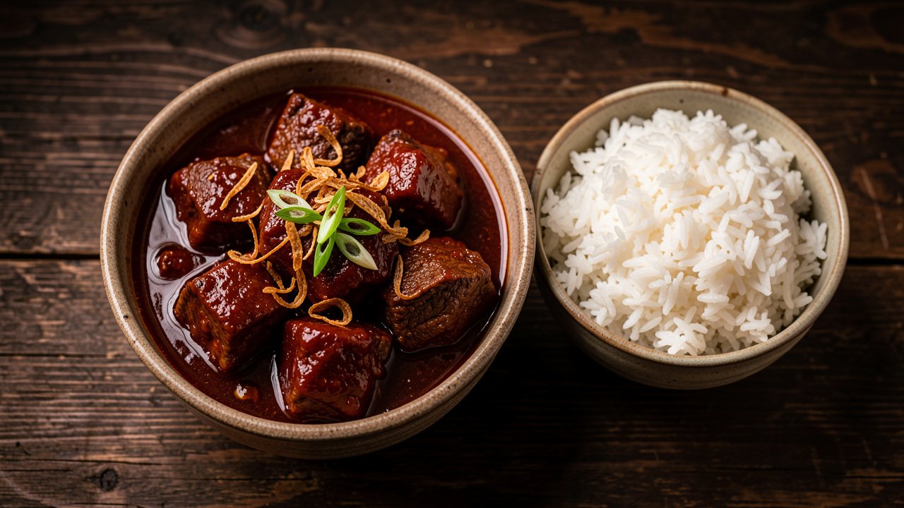 A bowl of Indonesian semur, tender beef in a dark glossy sweet tomato and kecap manis sauce, served with steamed rice