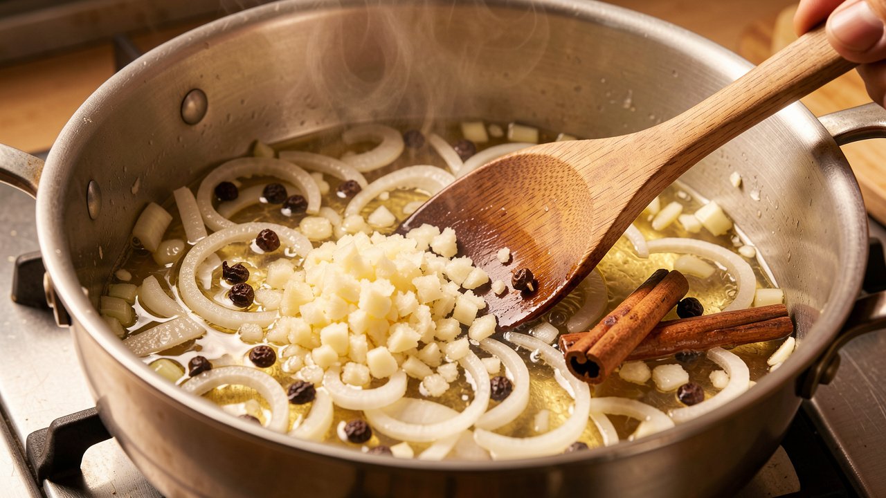 Sliced onion, garlic, and ginger frying with whole cloves and cinnamon in a heavy pot