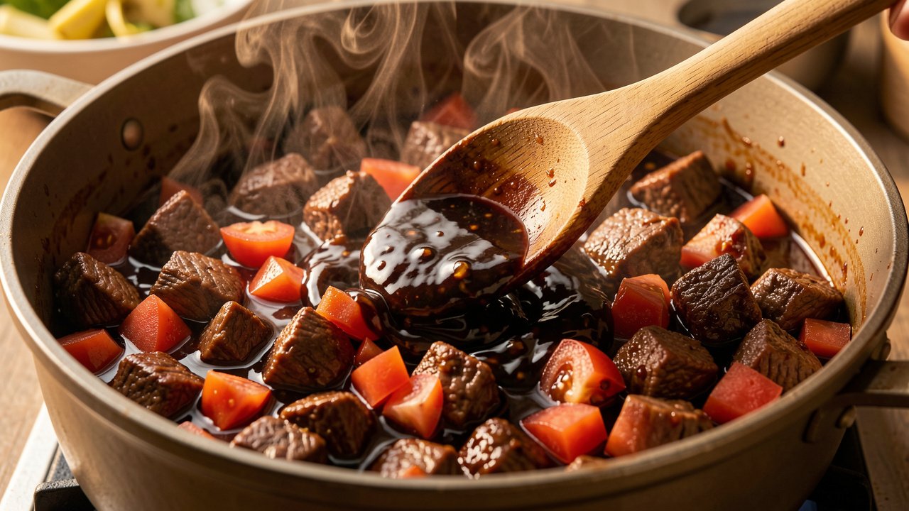 Dark kecap manis stirred into browned beef and tomato in a heavy pot