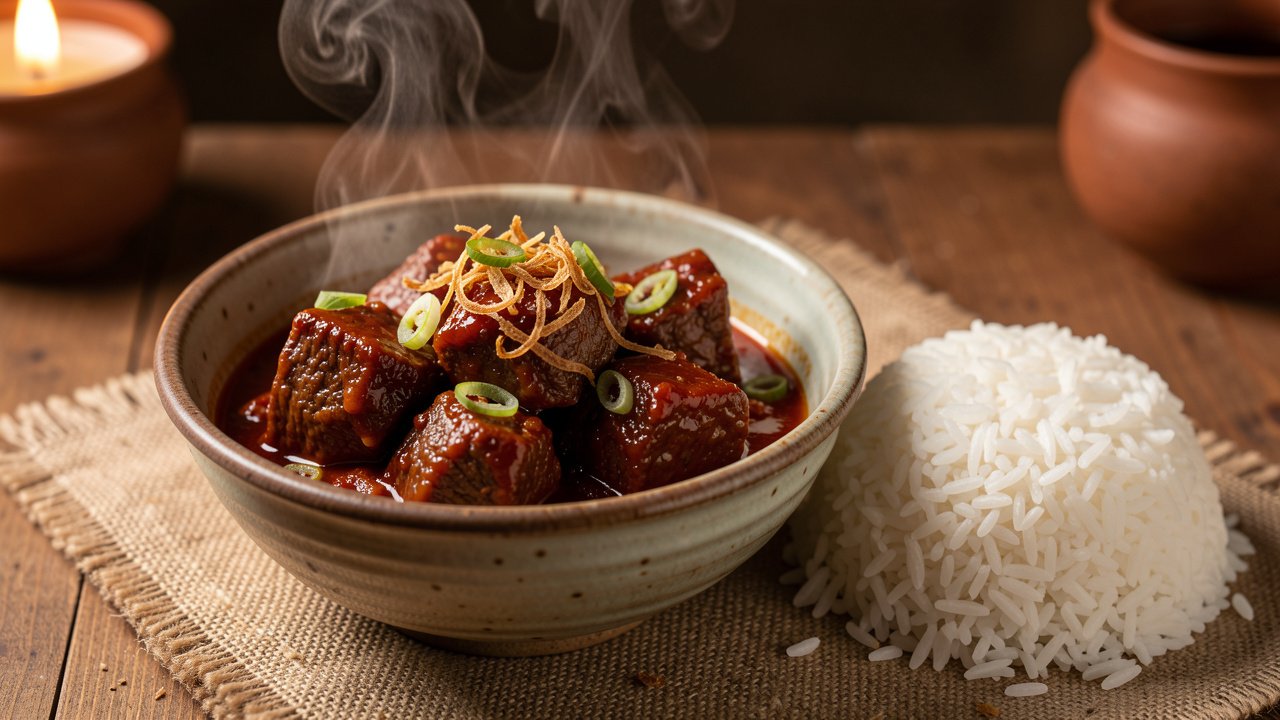 Finished semur in a bowl, tender beef in a dark glossy sauce topped with fried shallots, served with rice