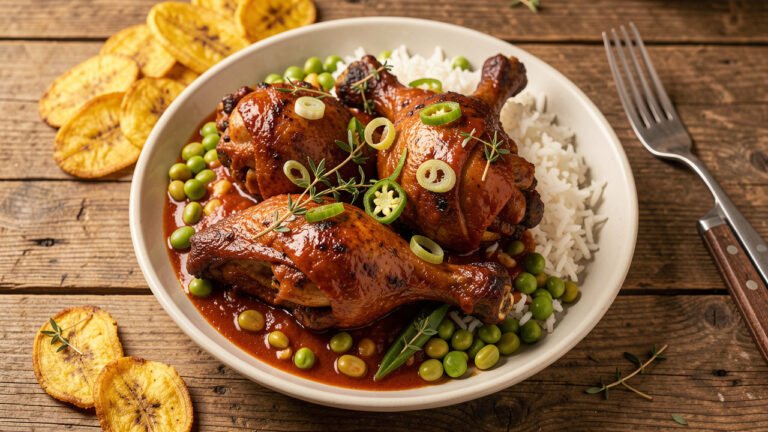 A plate of Jamaican brown stew chicken in rich tomato gravy served over rice and peas