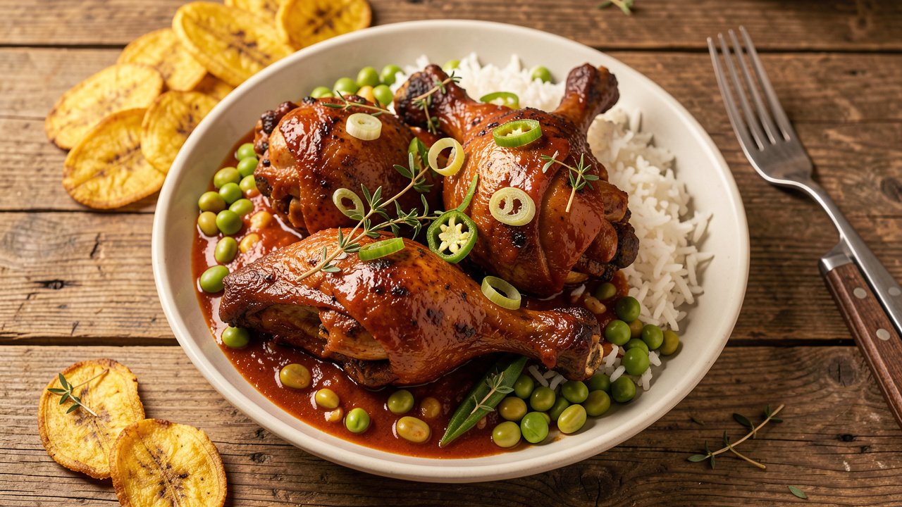 A plate of Jamaican brown stew chicken in rich tomato gravy served over rice and peas
