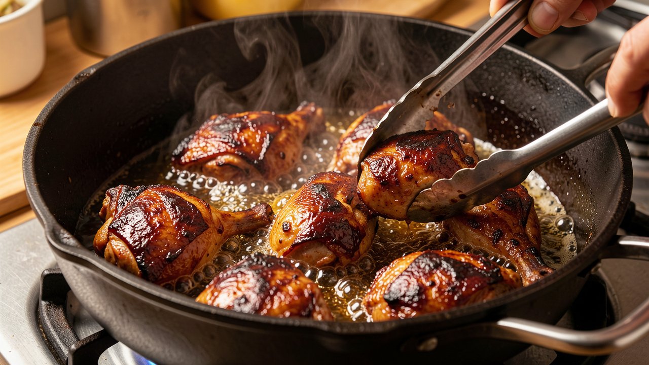 Bone-in chicken pieces browning to a deep mahogany color in a heavy pot