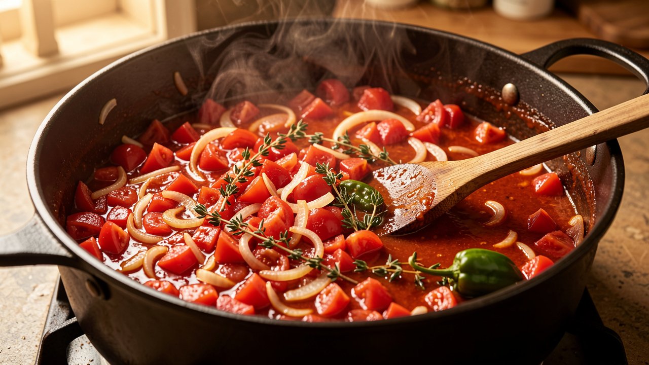 Tomatoes cooking down with onion, thyme, and scotch bonnet into a glossy sauce in a pot