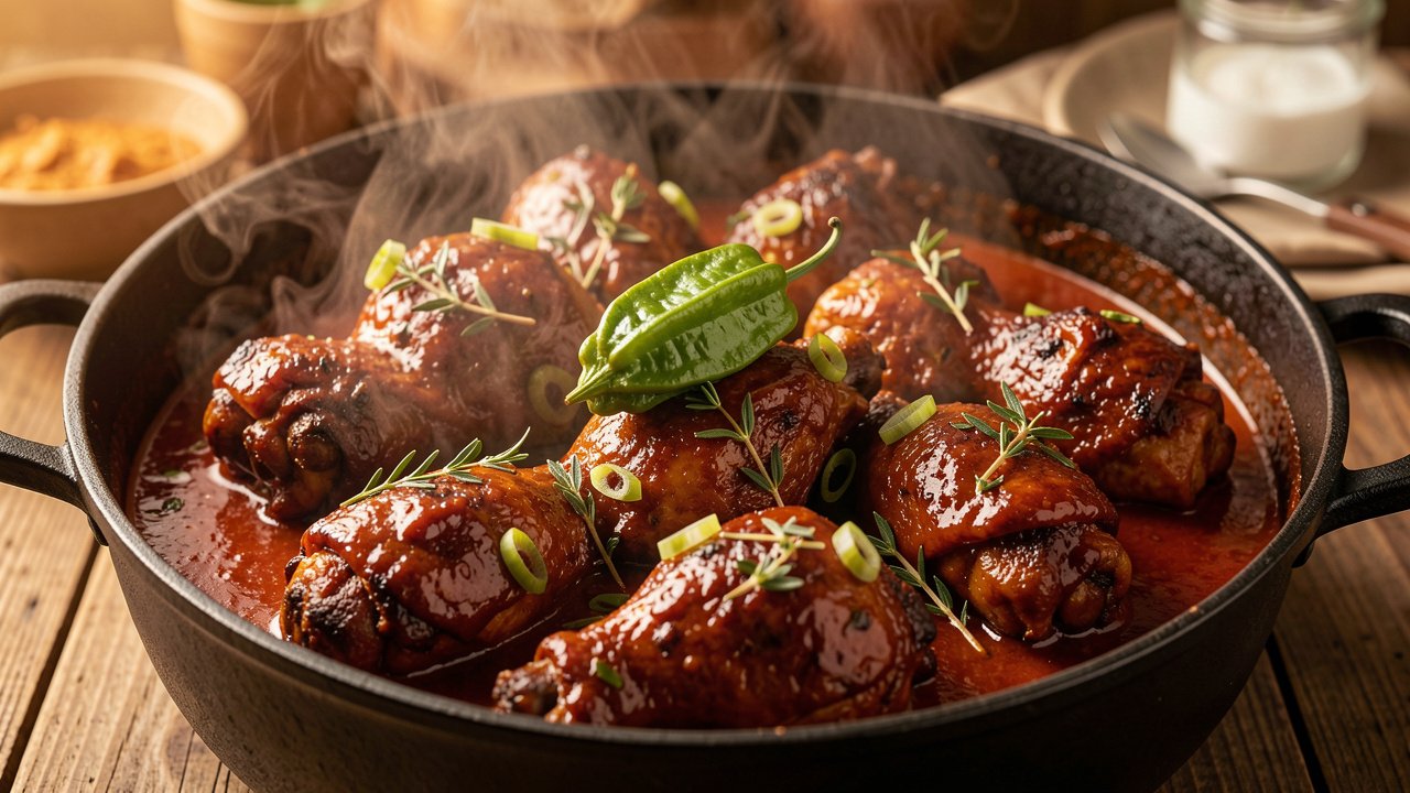 Finished Jamaican brown stew chicken glazed in glossy tomato gravy in a pot