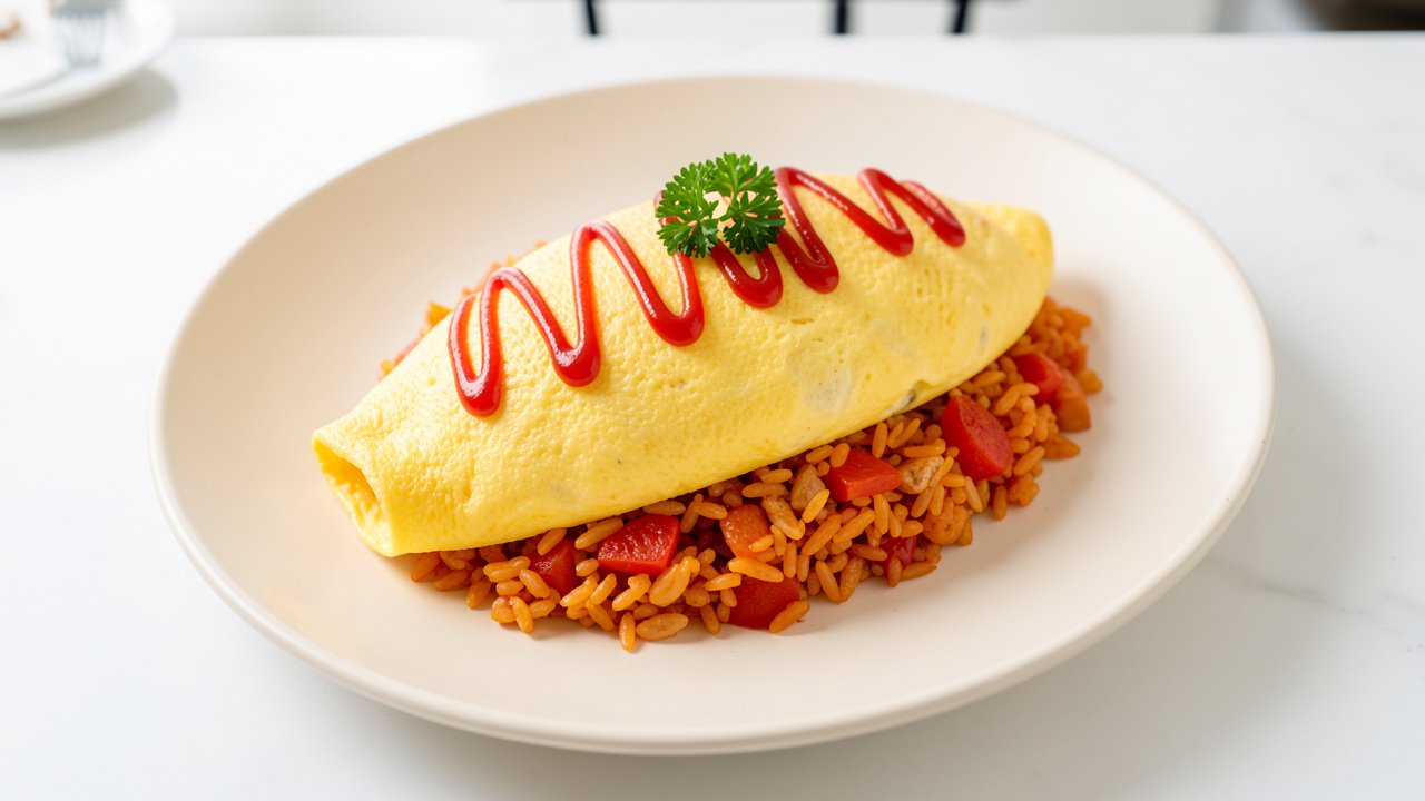 A plate of Japanese omurice, a soft golden omelette over tomato-ketchup chicken fried rice with a ribbon of ketchup on top