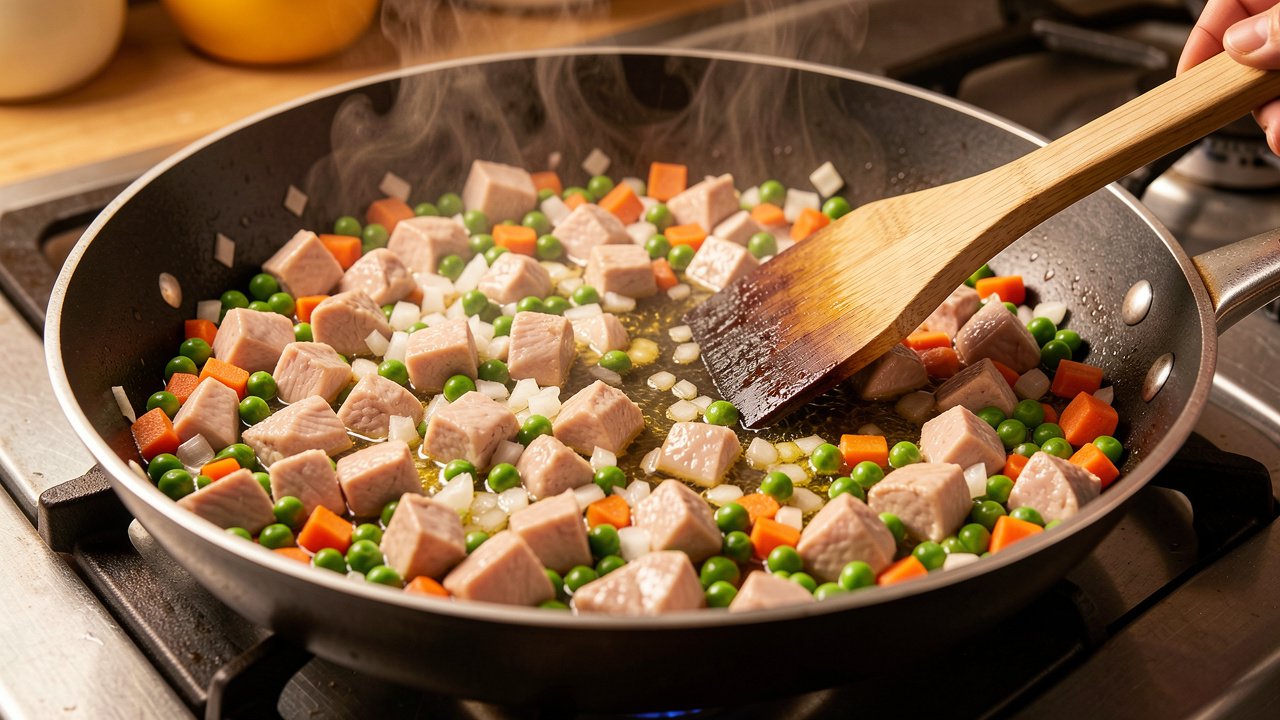 Diced chicken, onion, and peas and carrots frying in a large skillet