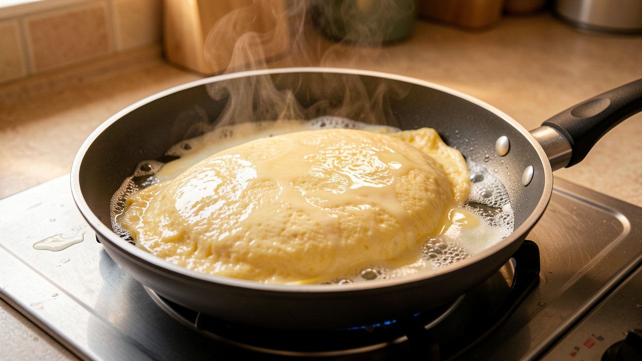 A pale soft omelette cooking in a nonstick pan, glossy and barely set on top