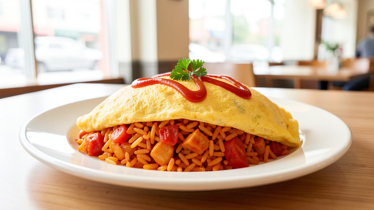 Finished omurice on a plate with a soft omelette over tomato-ketchup rice and a zigzag of ketchup