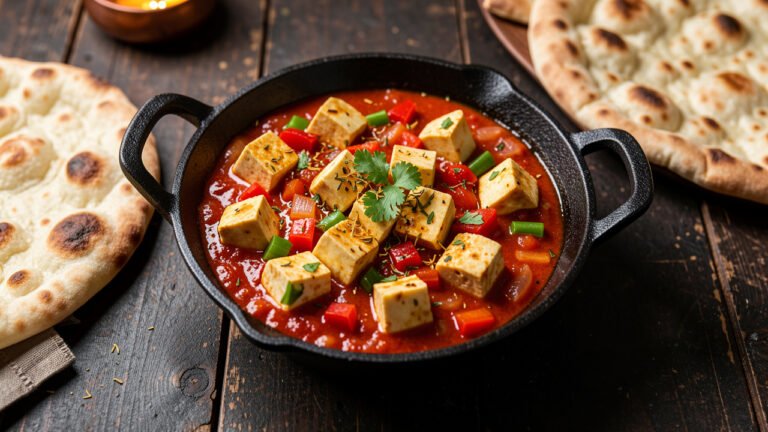 Kadai paneer with paneer cubes and bell peppers in a thick tomato masala, served in an iron kadai with naan