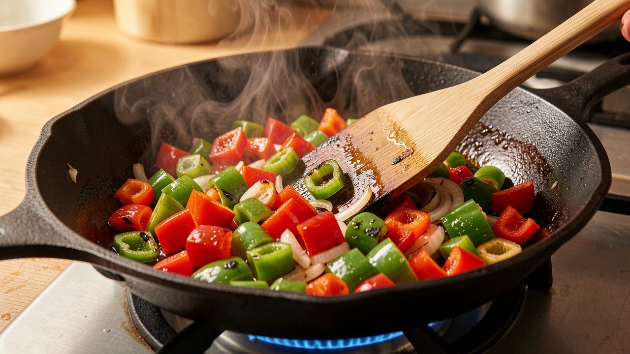 Diced bell peppers and onion searing in a black iron kadai