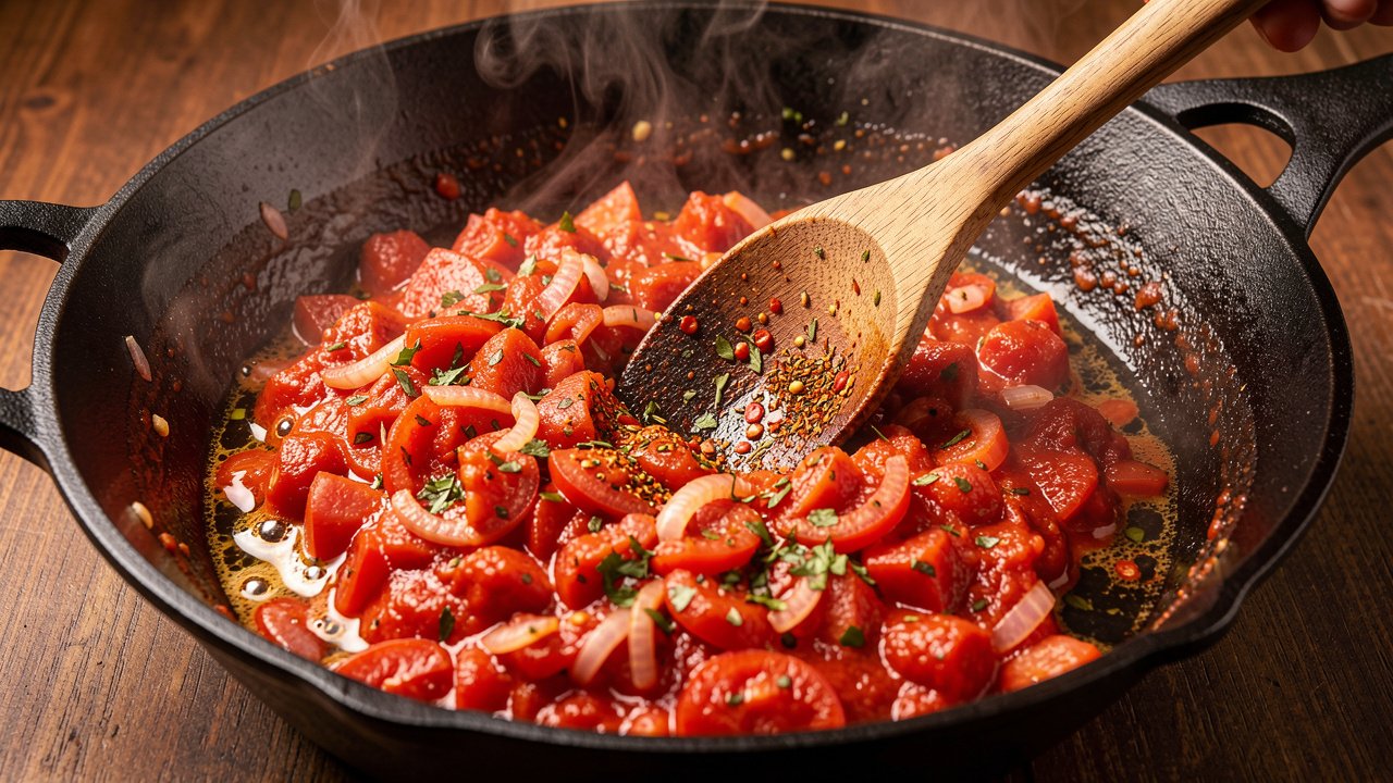 Thick tomato-onion masala cooking down in a kadai with oil separating at the edges