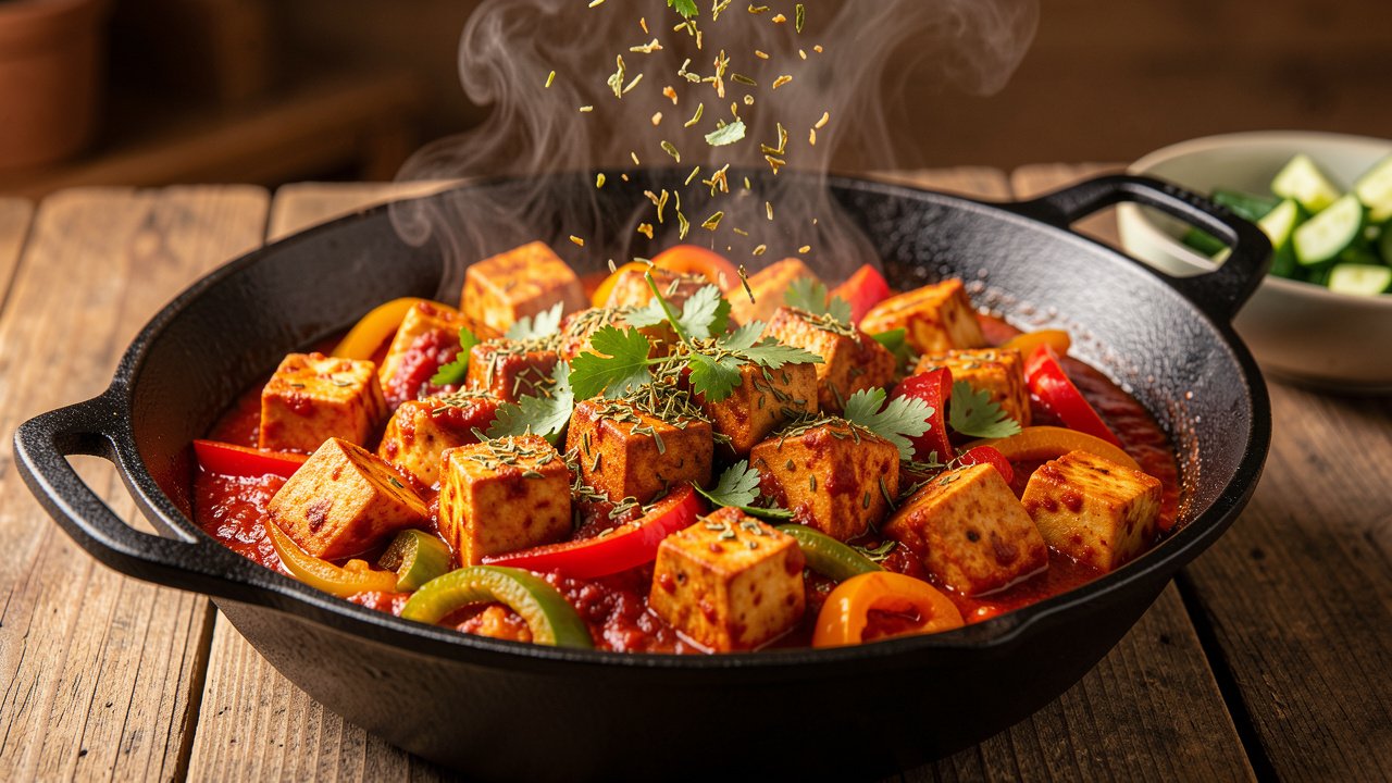Finished kadai paneer in a kadai garnished with kasuri methi and fresh coriander