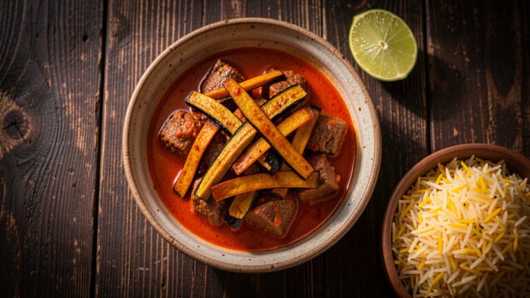 A bowl of Persian khoresh bademjan with golden fried eggplant and beef in a saffron tomato sauce served with saffron rice