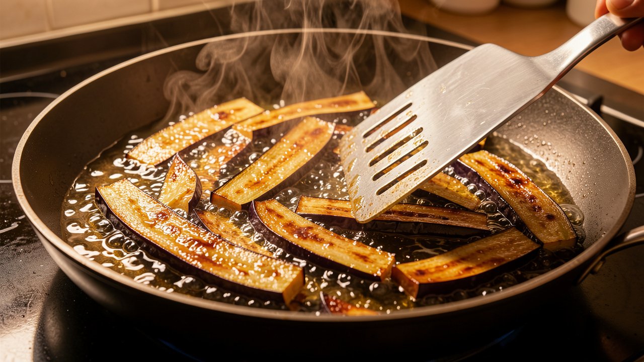 Eggplant strips frying to deep golden in a wide pan of oil