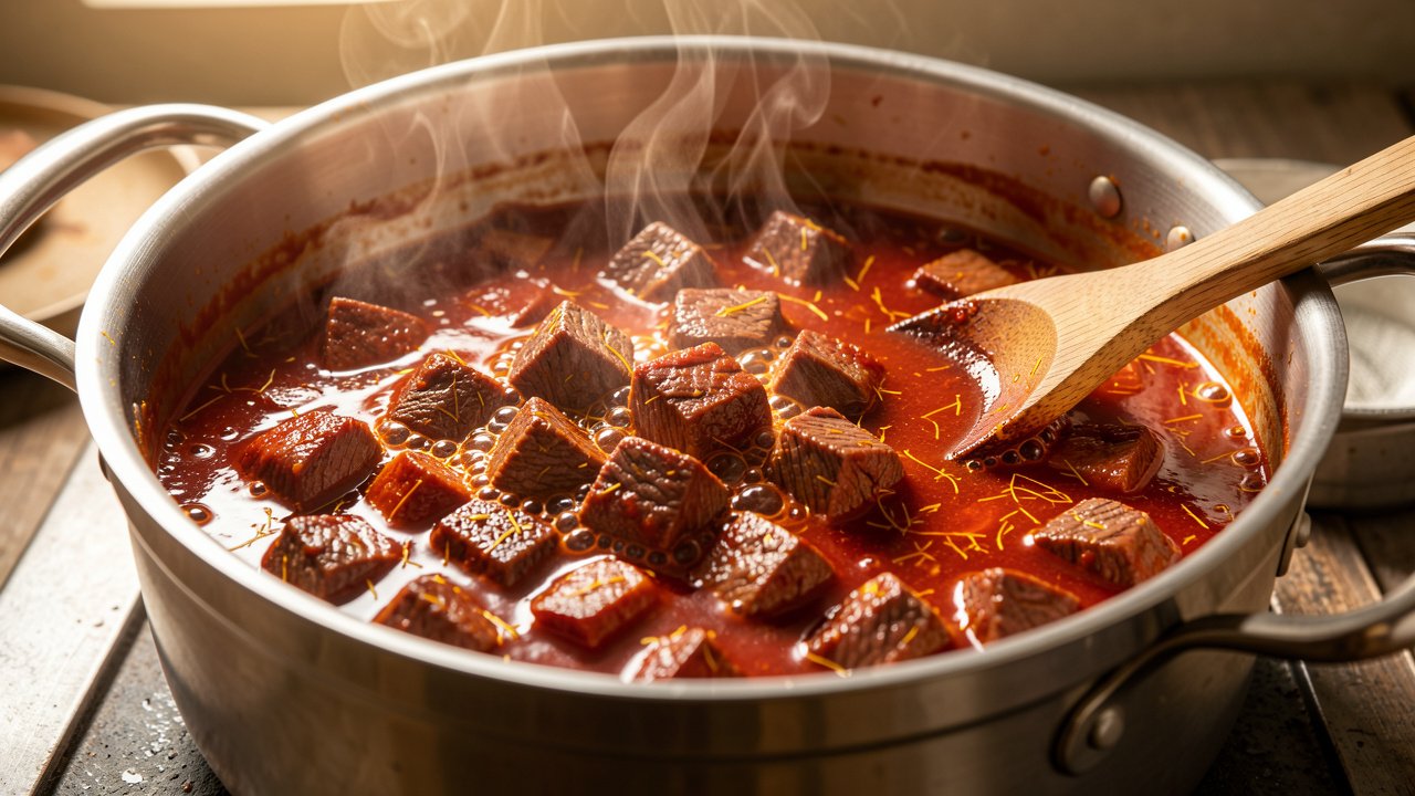 Beef simmering in a red-orange saffron tomato sauce in a large pot