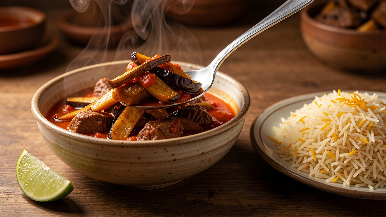 Finished khoresh bademjan with fried eggplant and beef in saffron tomato sauce, served with saffron rice