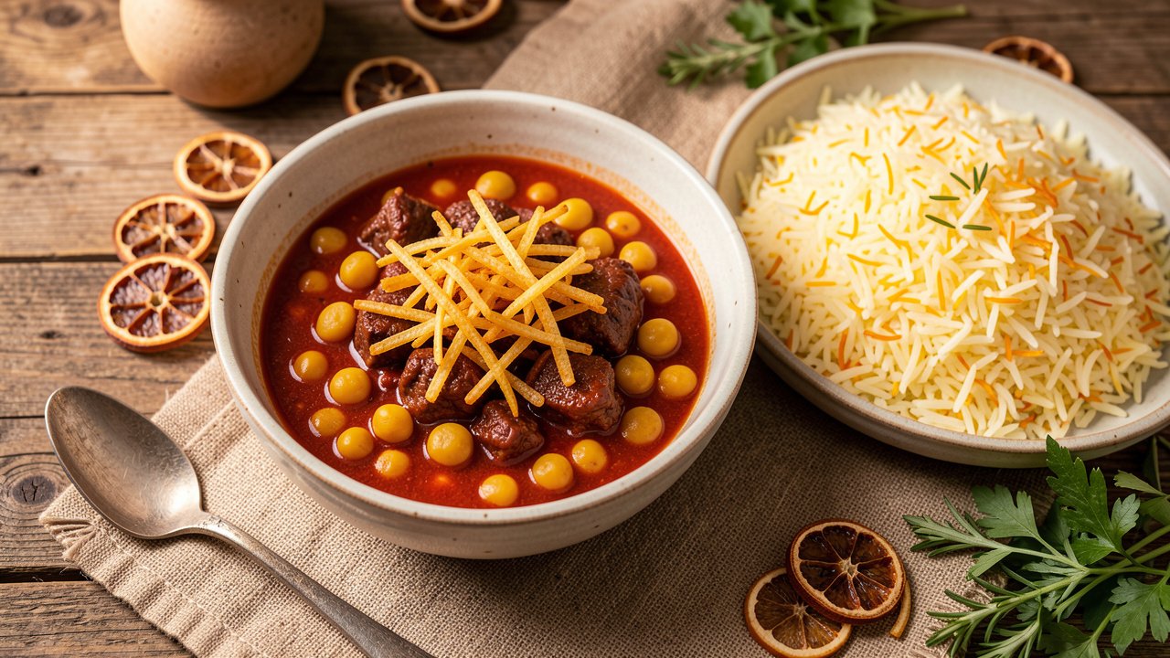 A bowl of Persian khoresh gheimeh stew topped with crispy fried potato straws, served with saffron rice
