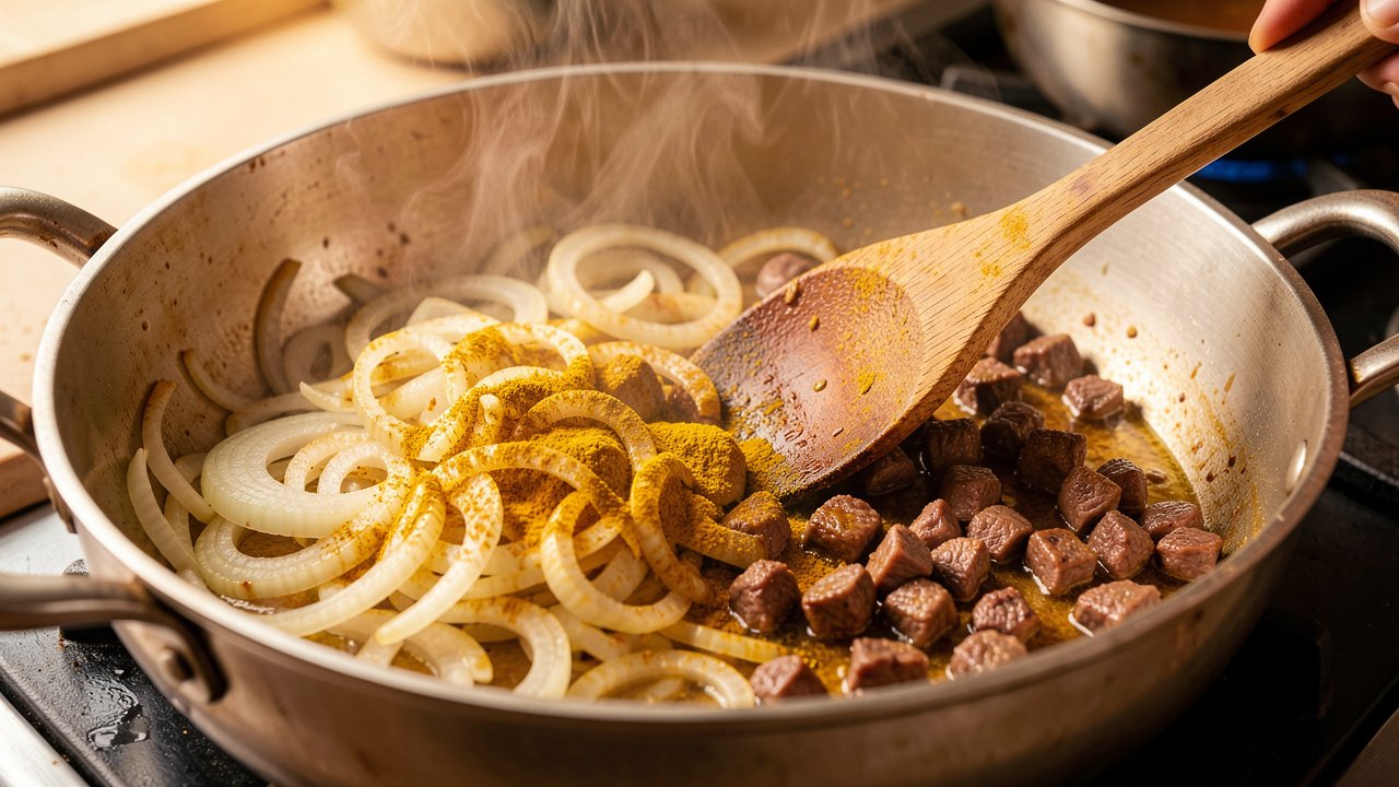 Sliced onion and diced beef browning with turmeric in a heavy pot
