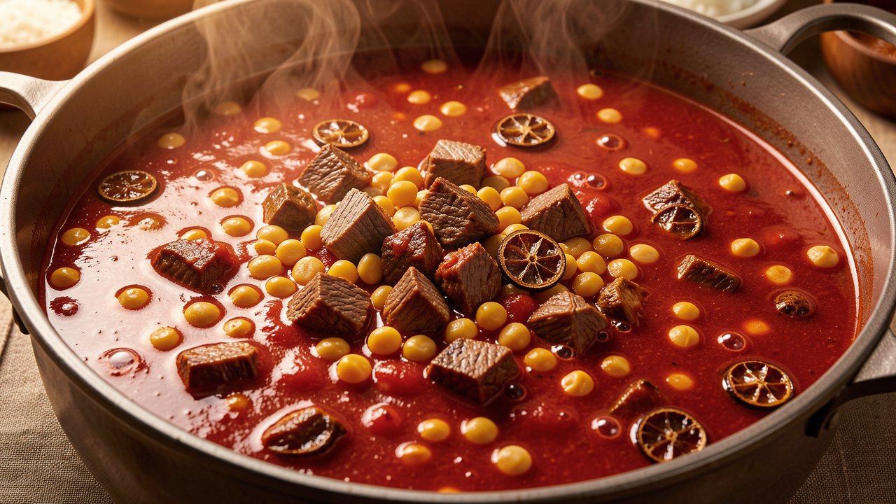 Persian gheimeh stew with beef, split peas and dried limes simmering in a red tomato sauce