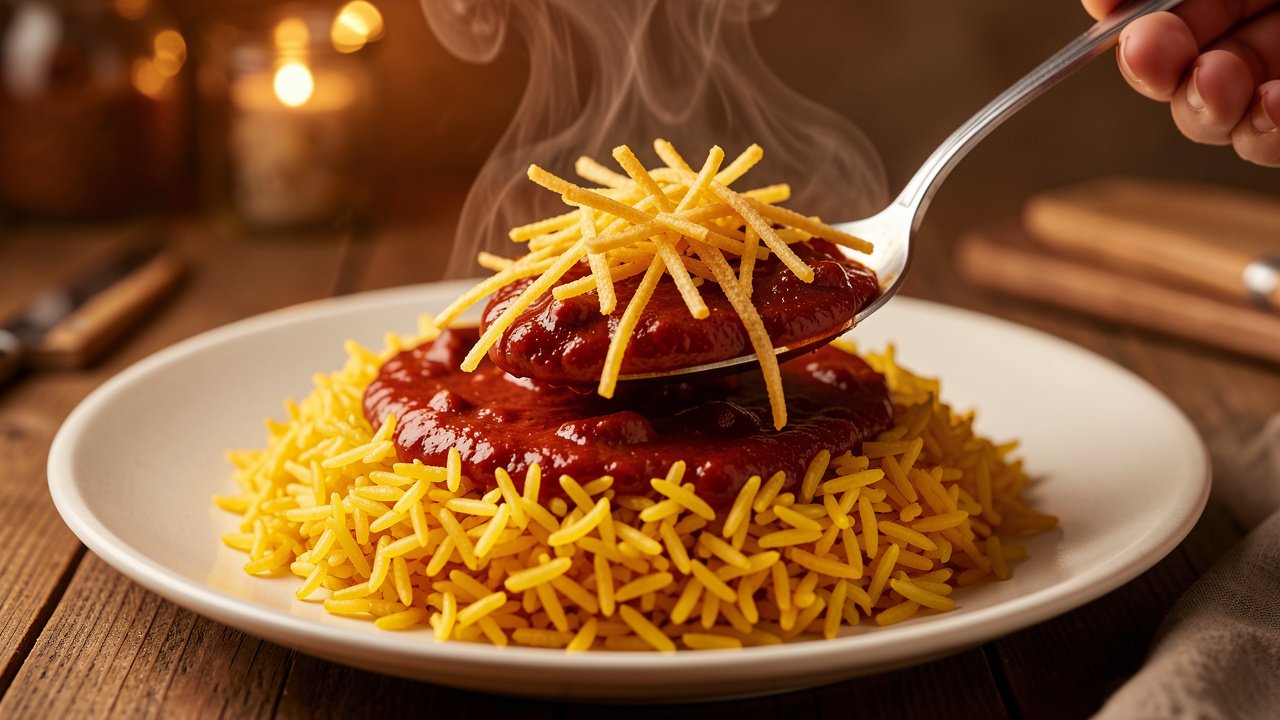 Finished khoresh gheimeh over saffron rice topped with crispy fried potato straws
