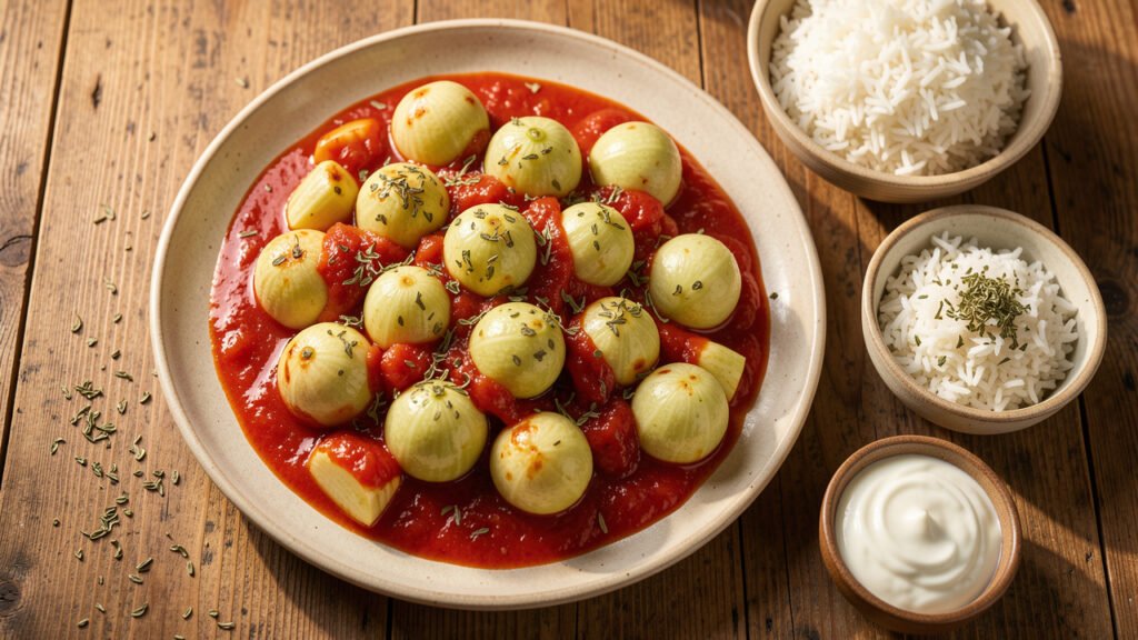 A platter of Levantine kousa mahshi, stuffed zucchini simmered in tomato sauce with rice and yogurt