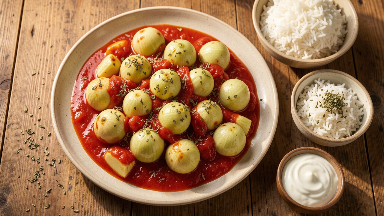 A platter of Levantine kousa mahshi, stuffed zucchini simmered in tomato sauce with rice and yogurt