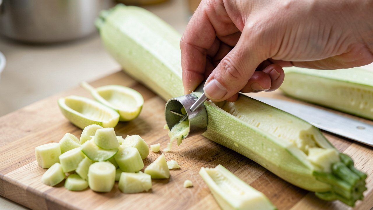 Hands hollowing small zucchini with a corer into thin-walled shells