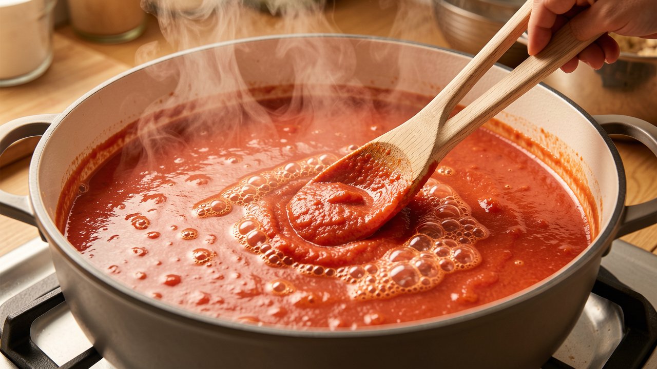 A light tomato sauce simmering in a large pot with a wooden spoon