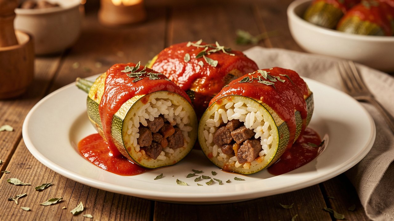 Finished kousa mahshi on a plate with one zucchini cut open to show the rice and beef filling