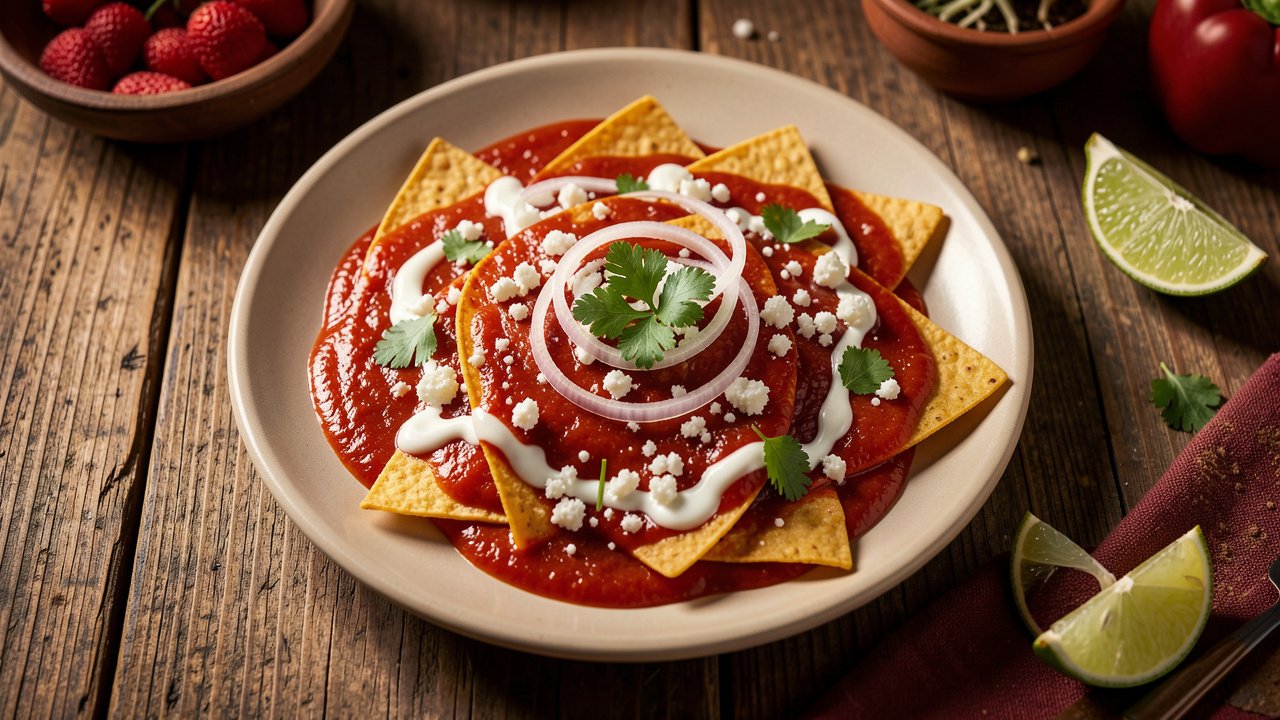 A plate of Mexican entomatadas, folded corn tortillas in smooth red tomato sauce topped with crema, onion, and cotija cheese
