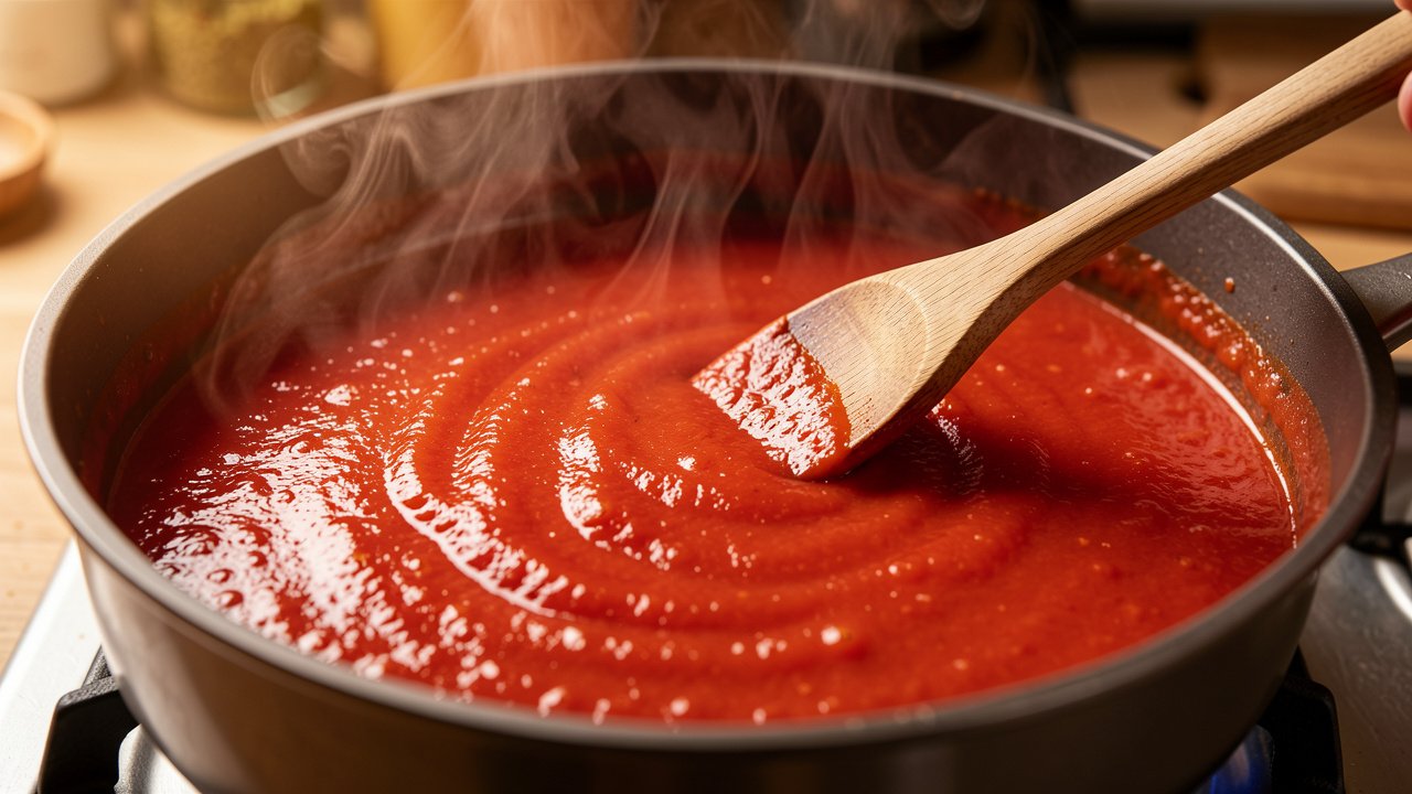 Smooth red tomato sauce simmering in a saucepan, thick enough to coat a wooden spoon