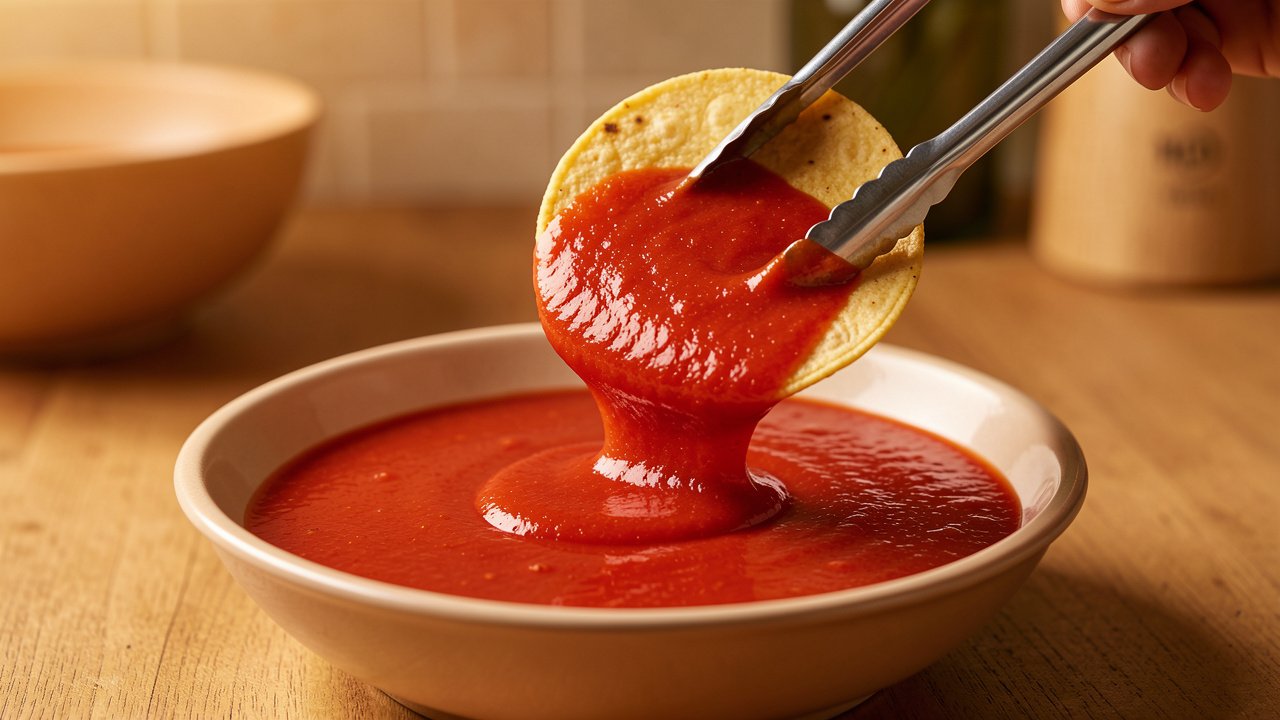 A corn tortilla being dipped with tongs into a bowl of smooth red tomato sauce