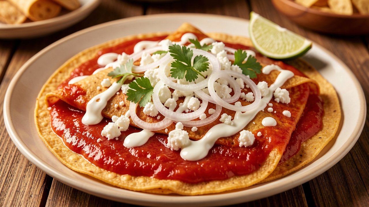 Finished entomatadas topped with crema, cotija, onion, and cilantro, with a lime wedge