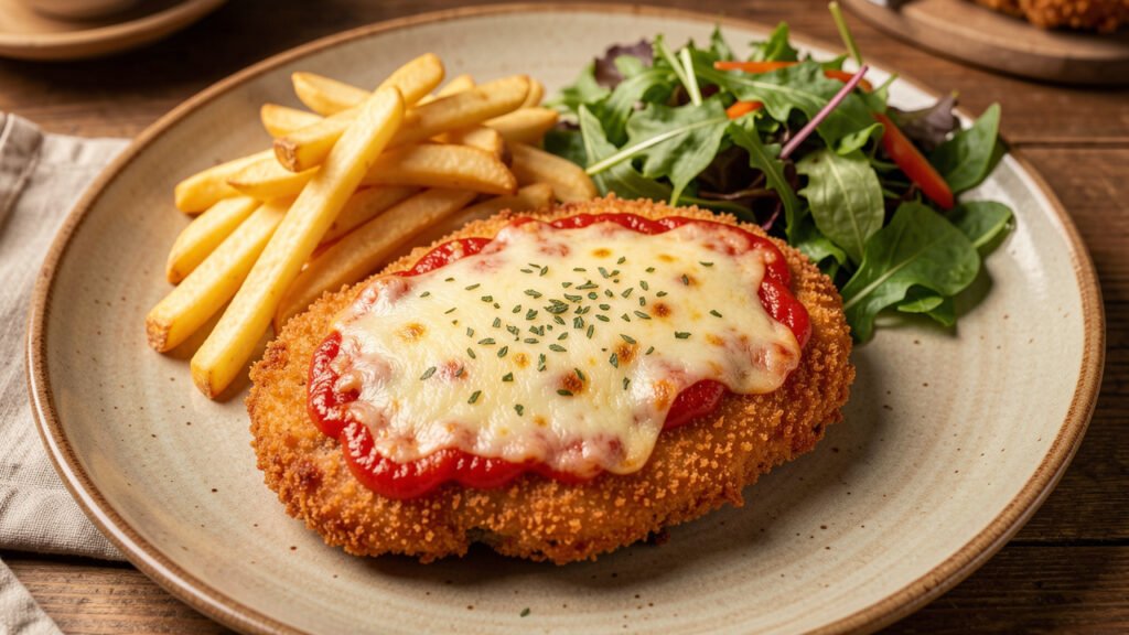 Milanesa napolitana, a breaded beef cutlet topped with tomato sauce and melted cheese, served with fries