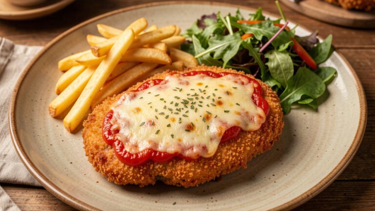 Milanesa napolitana, a breaded beef cutlet topped with tomato sauce and melted cheese, served with fries