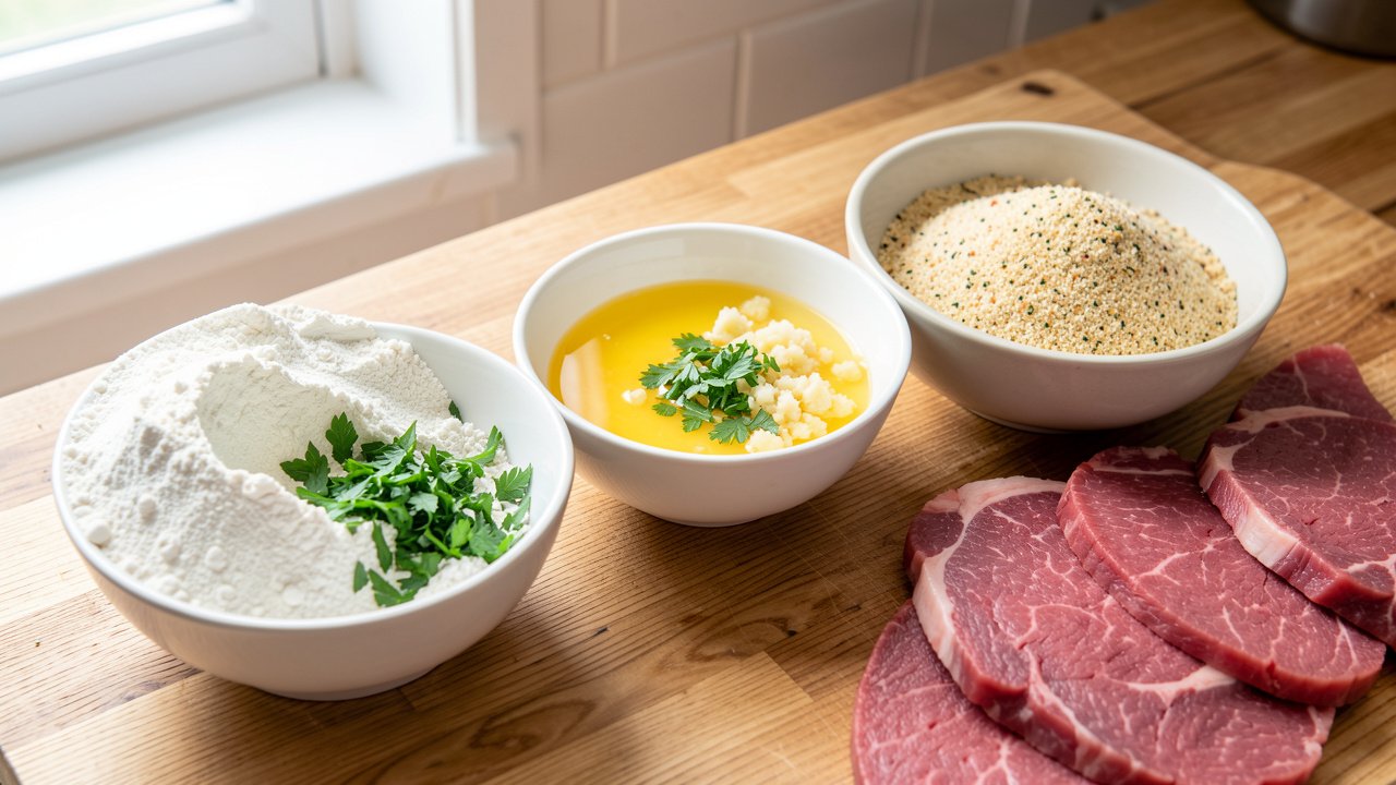 A three-bowl breading station of flour, egg, and seasoned breadcrumbs with thin beef cutlets