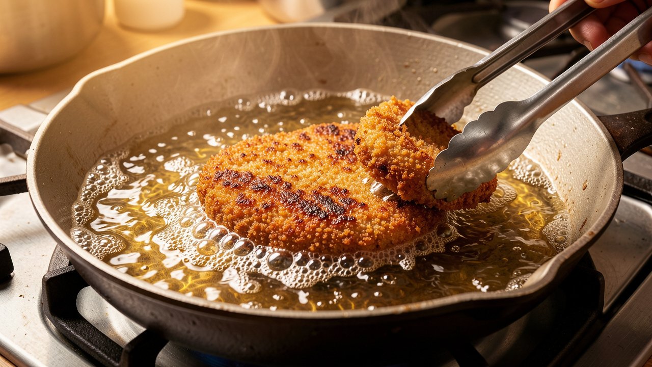A breaded beef cutlet frying to deep golden brown in a skillet