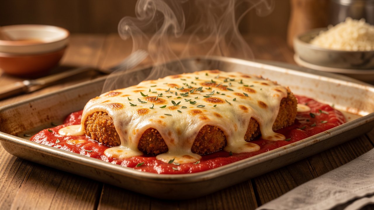 Finished milanesa napolitana with bubbling melted cheese and tomato sauce fresh from the oven