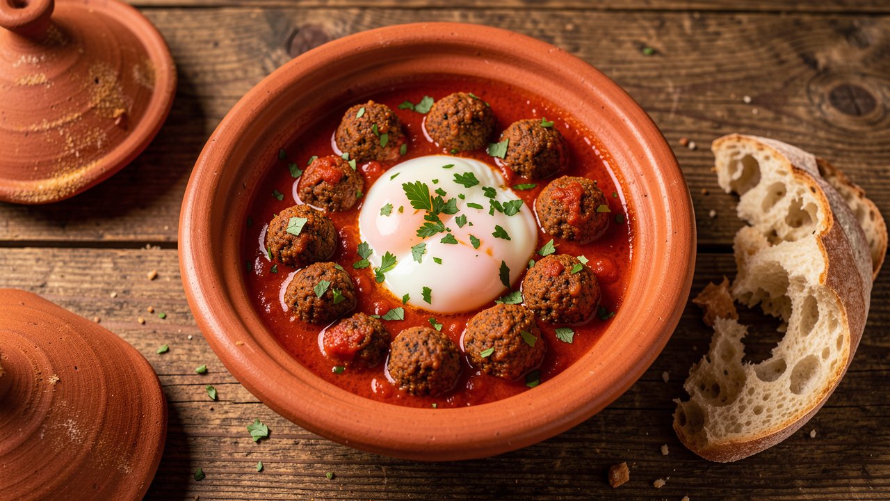 Moroccan kefta tagine with spiced meatballs and poached eggs in tomato sauce, served with bread
