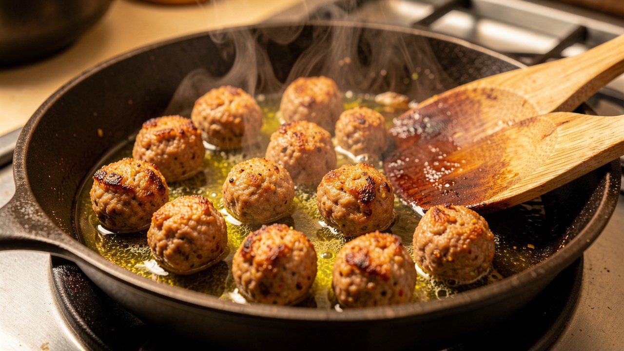Small spiced meatballs browning in olive oil in a skillet