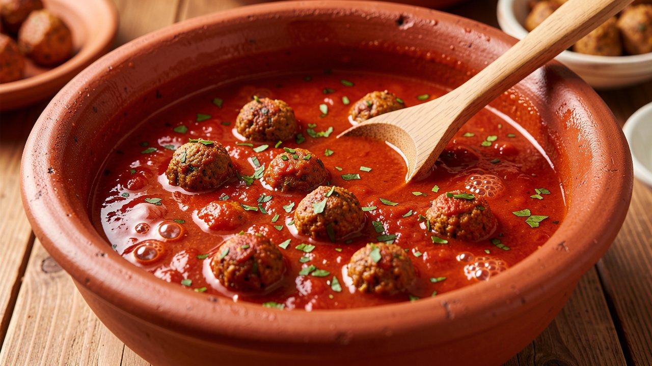 Meatballs simmering in a thick red tomato sauce in a tagine