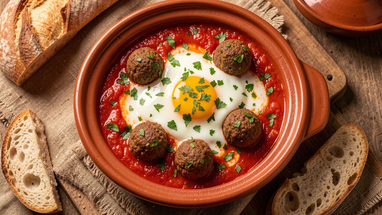 Finished kefta tagine with poached eggs on top of meatballs in tomato sauce